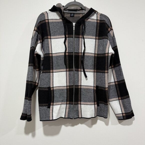Cynthia Rowley Black Brown Beige Plaid Hooded Zipper Cozy Sweater Women Size XL - Picture 1 of 5